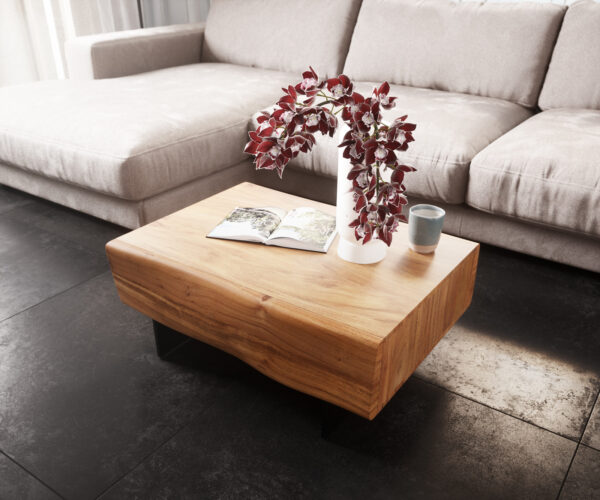 Dohányzóasztal New Live-Edge 80x60 cm akác természetes 2 fiók lebegő fém láb fekete