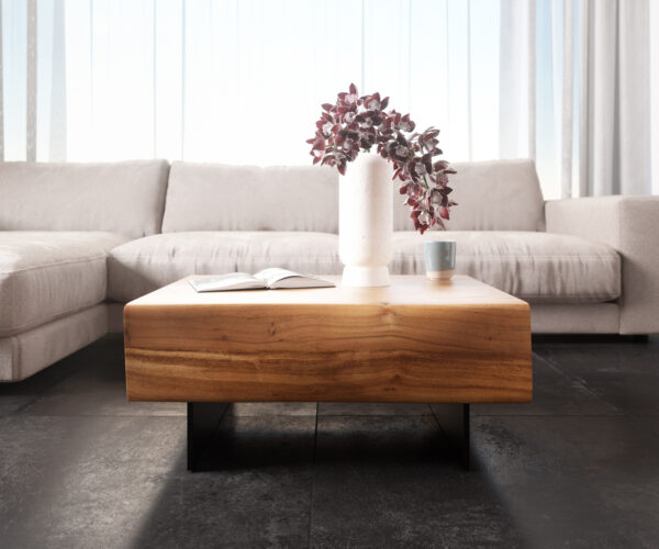 Dohányzóasztal New Live-Edge 80x60 cm akác természetes 2 fiók lebegő fém láb fekete - Image 2