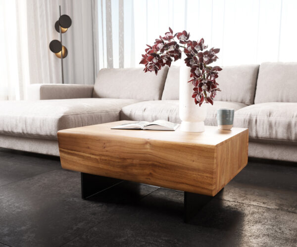 Dohányzóasztal New Live-Edge 80x60 cm akác természetes 2 fiók lebegő fém láb fekete - Image 4