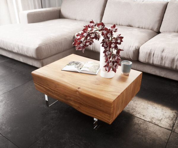 Dohányzóasztal New Live-Edge 80x60 cm akác természetes 2 fiókos akril láb
