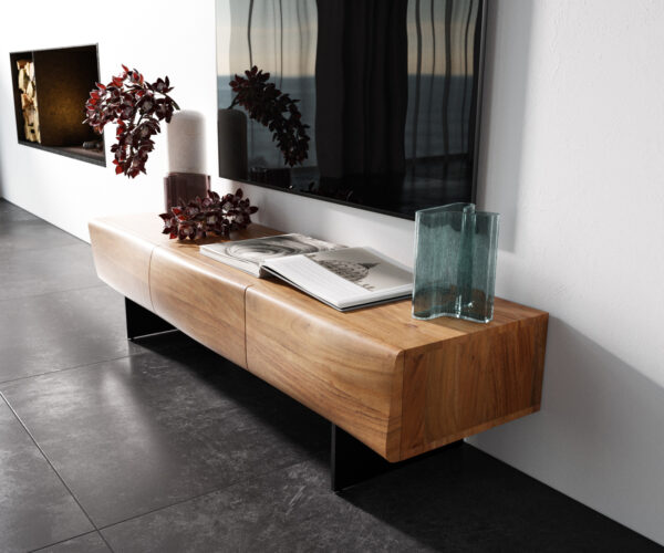 TV szekrény New Live-Edge 145 cm akác természetes 3 ajtós lebegő fém láb fekete - Image 2