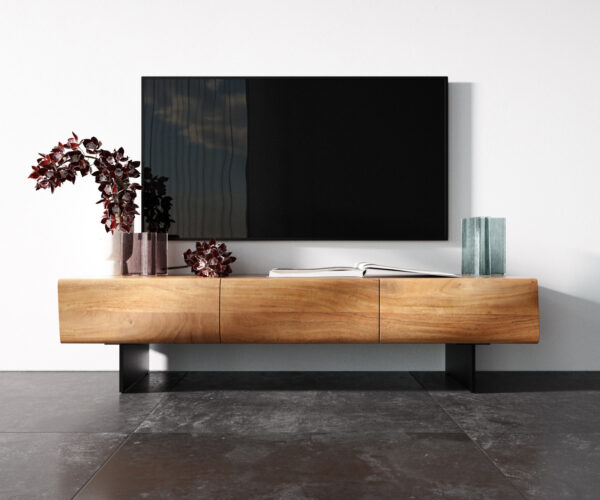 TV szekrény New Live-Edge 145 cm akác természetes 3 ajtós lebegő fém láb fekete - Image 4