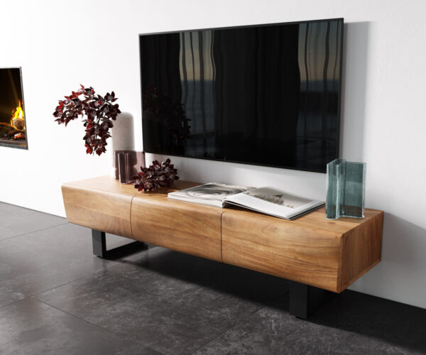 TV szekrény New Live-Edge 145 cm akác természetes 3 ajtós fém vékony lábazat fekete