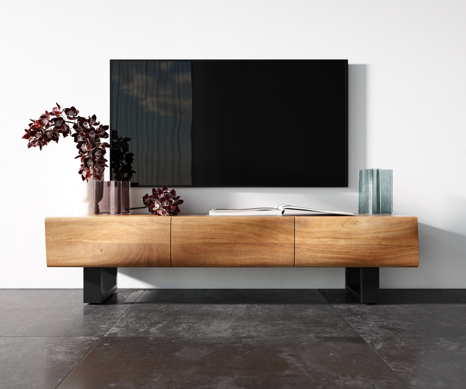 TV szekrény New Live-Edge 145 cm akác természetes 3 ajtós fém vékony lábazat fekete - Image 4