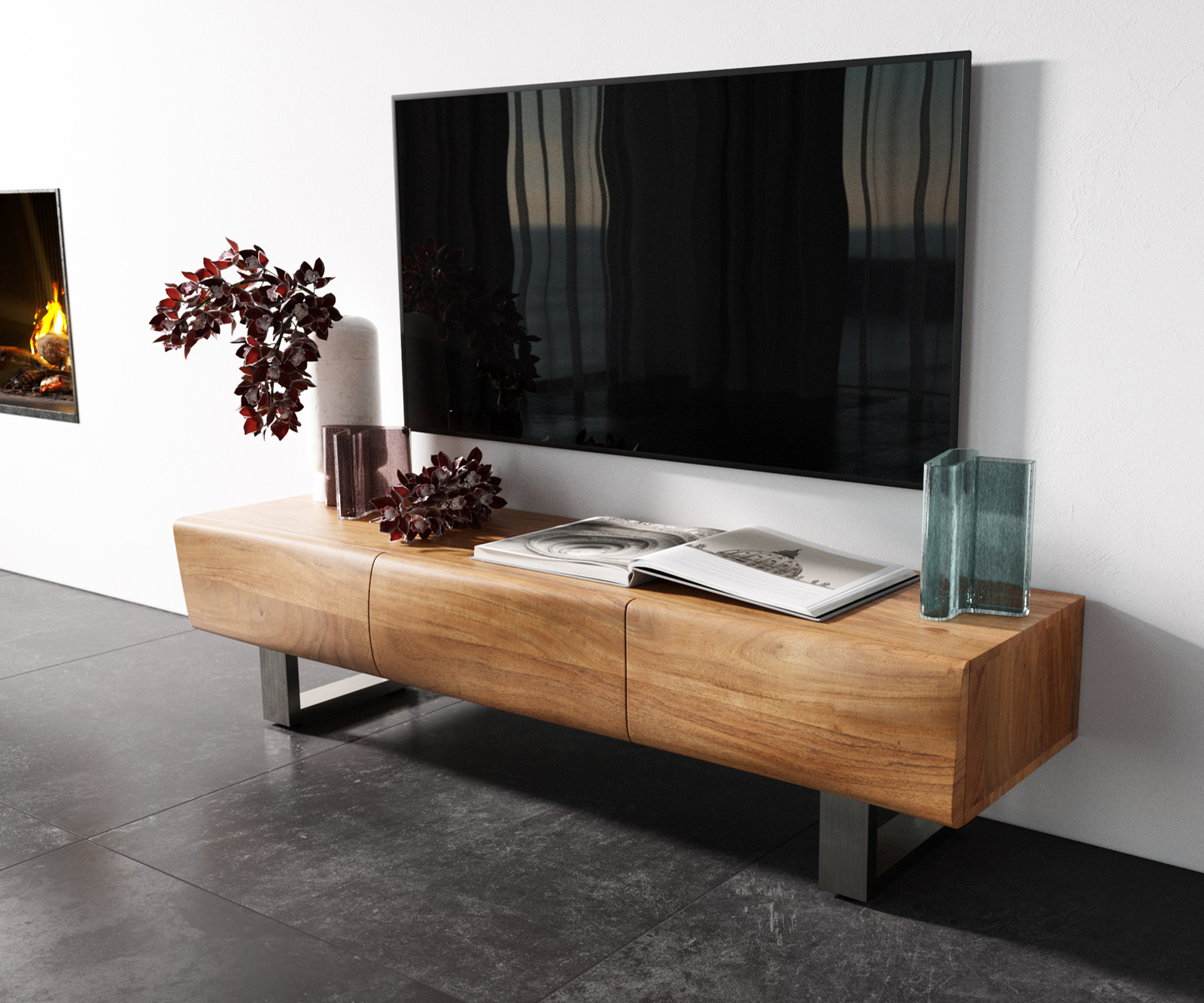 TV szekrény New Live-Edge 145 cm akác természetes 3 ajtós vékony lábazat rozsdamentes acél szálcsiszolt