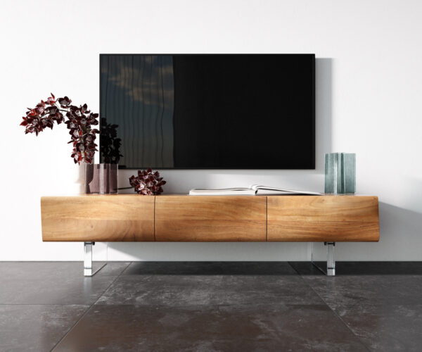 TV szekrény New Live-Edge 145 cm akác természetes 3 ajtós akril láb - Image 4