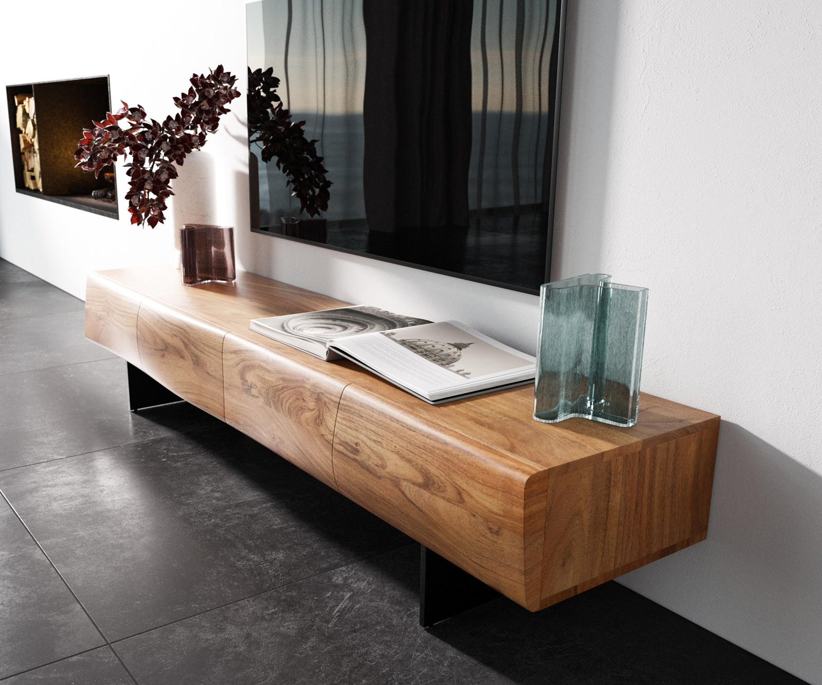 TV szekrény New Live-Edge 175 cm akác természetes 4 ajtós lebegő fém láb fekete - Image 2