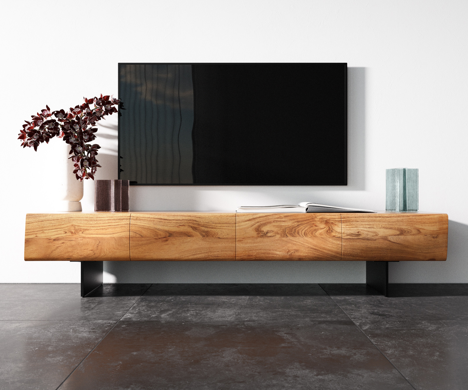 TV szekrény New Live-Edge 175 cm akác természetes 4 ajtós lebegő fém láb fekete - Image 4