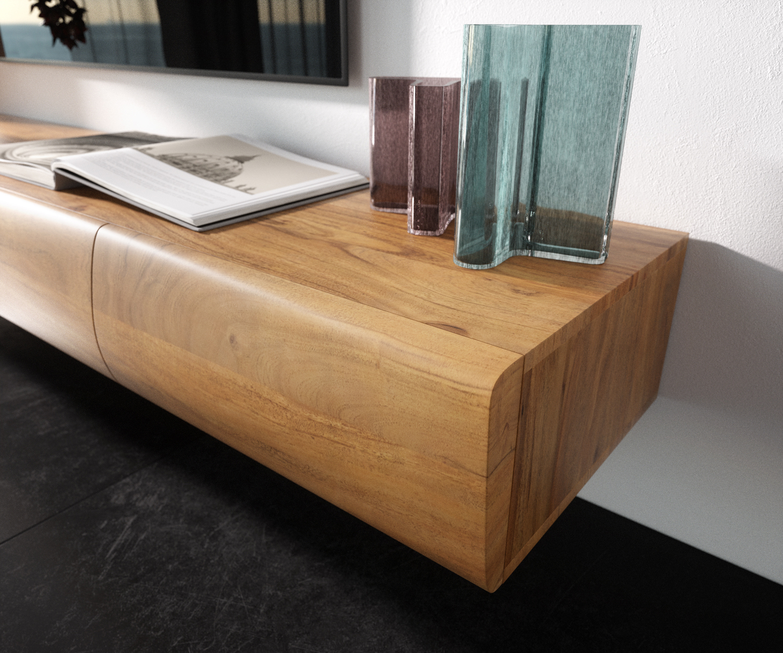 TV szekrény New Live-Edge 175 cm akác természetes 4 ajtós lebegő fém láb fekete - Image 5