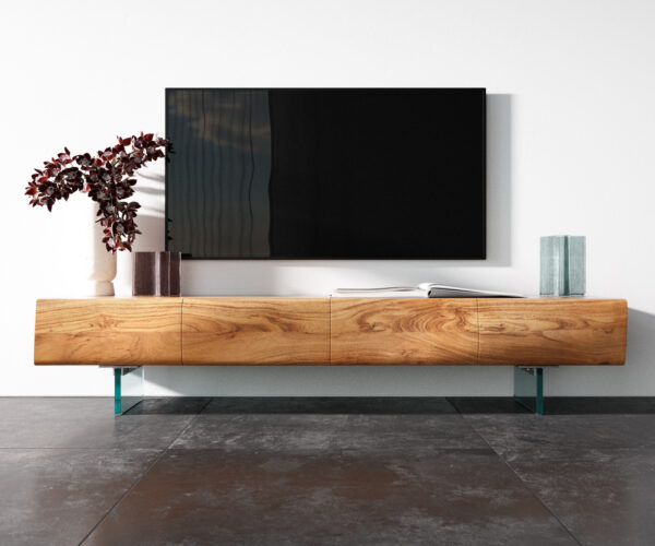TV szekrény New Live-Edge 175 cm akác természetes 4 ajtós üveg láb - Image 4