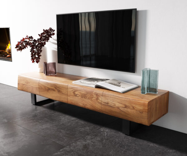 TV szekrény New Live-Edge 175 cm akác természetes 4 ajtós fém vékony láb fekete