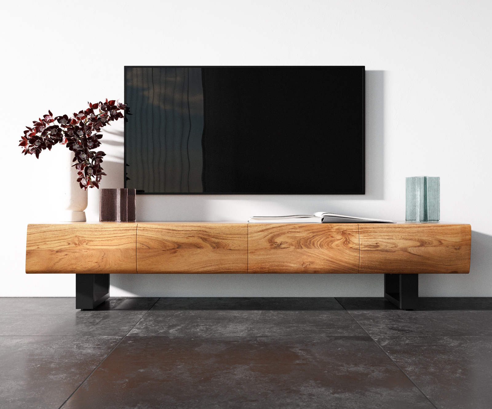 TV szekrény New Live-Edge 175 cm akác természetes 4 ajtós fém vékony láb fekete - Image 4