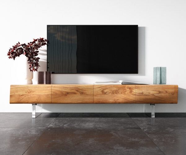 TV szekrény New Live-Edge 175 cm akác természetes 4 ajtós akril láb - Image 4