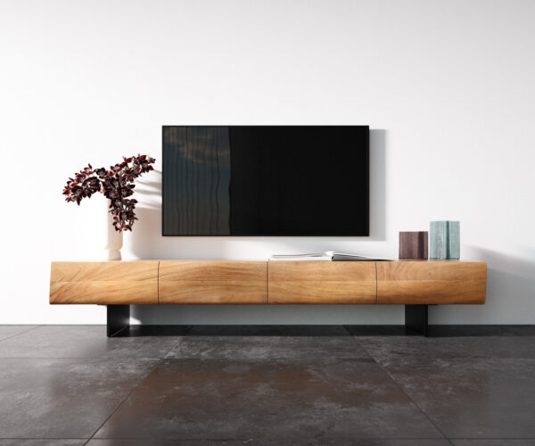 TV szekrény New Live-Edge 200 cm akác természetes 4 ajtós lebegő fém láb fekete - Image 4