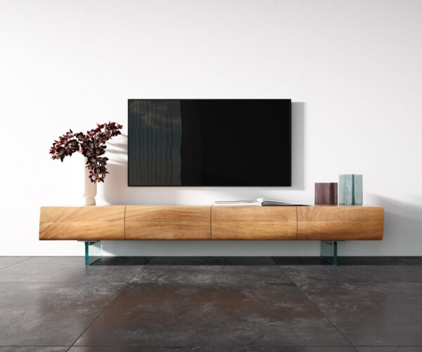 TV szekrény New Live-Edge 200 cm akác természetes 4 ajtós üveg láb - Image 4