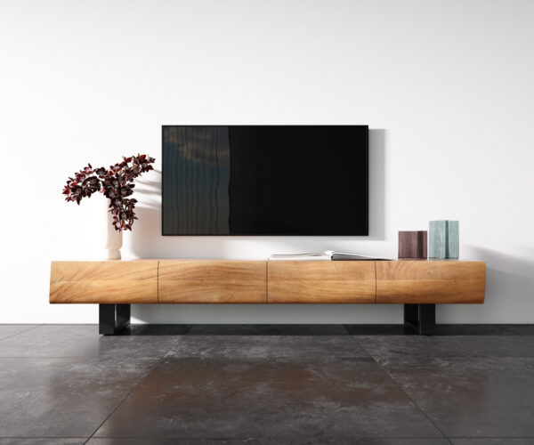TV szekrény New Live-Edge 200 cm akác természetes 4 ajtós vékony lábazat fém fekete - Image 4