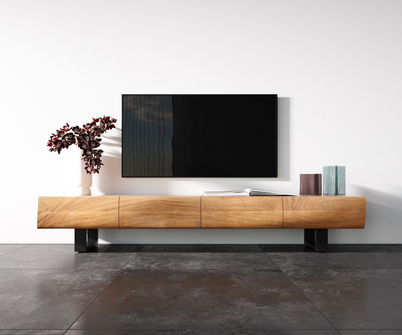 TV szekrény New Live-Edge 200 cm akác természetes 4 ajtós vékony lábazat fém fekete - Image 4