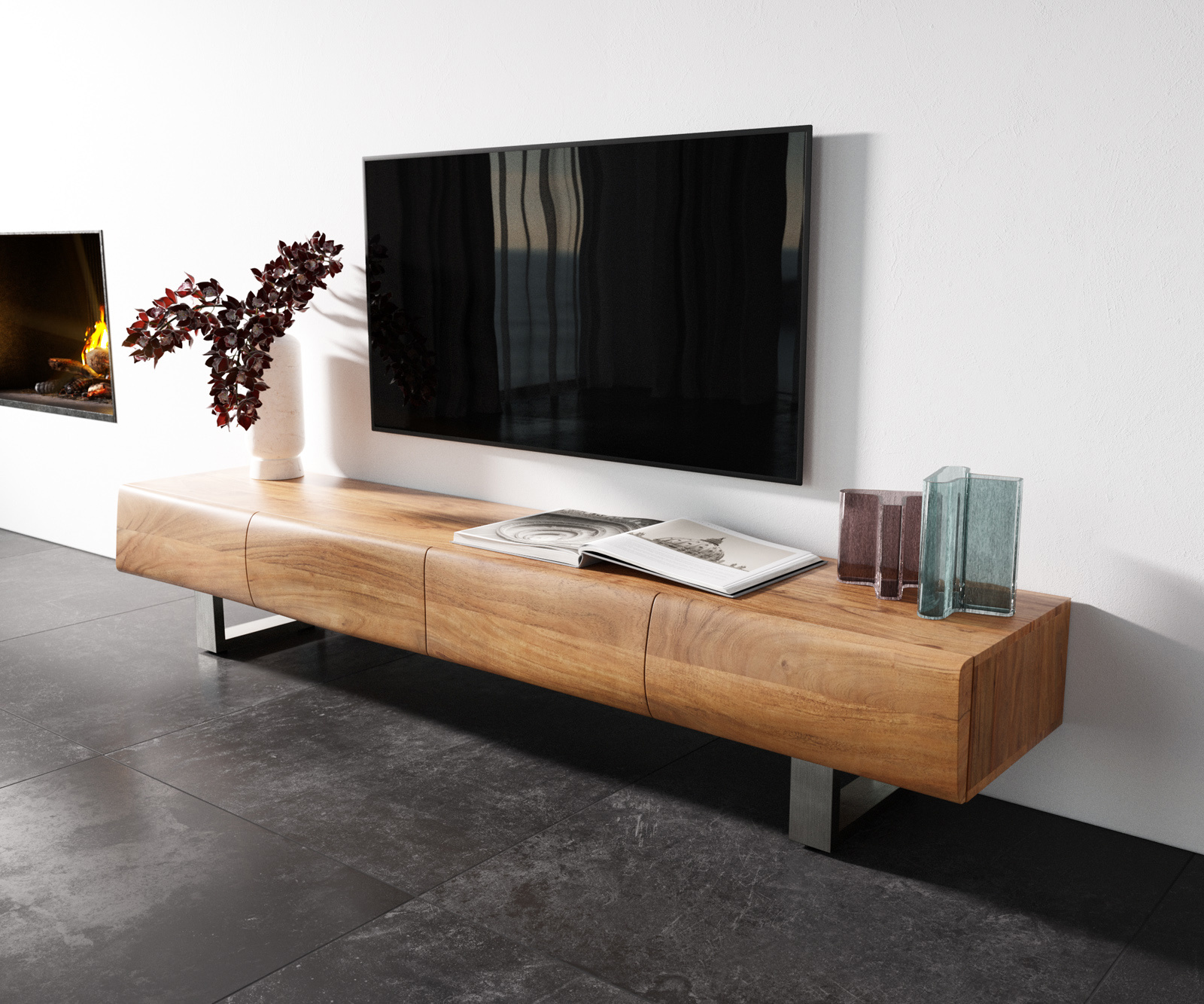 TV szekrény New Live-Edge 200 cm akác természetes 4 ajtós vékony lábazat rozsdamentes acél szálcsiszolt