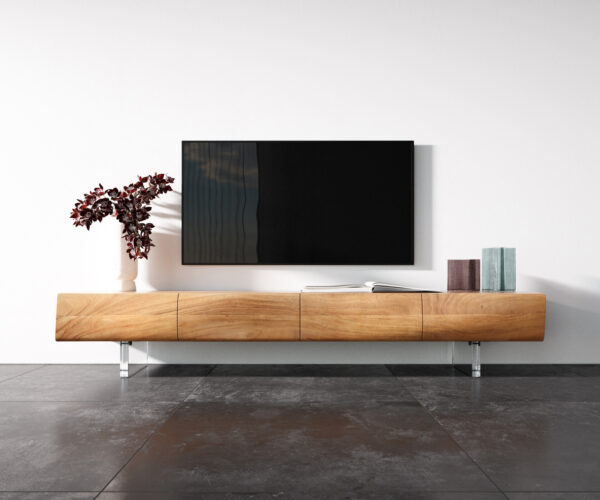 TV szekrény New Live-Edge 200 cm akác természetes 4 ajtós akril láb - Image 4