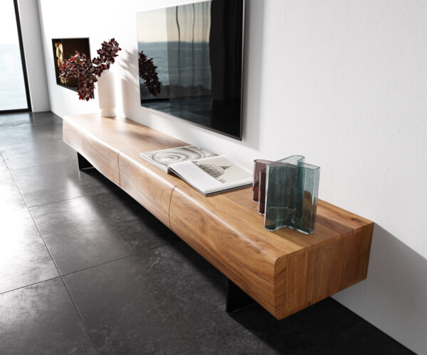 TV szekrény New Live-Edge 240 cm akác természetes 4 fiók lebegő fém láb fekete - Image 2