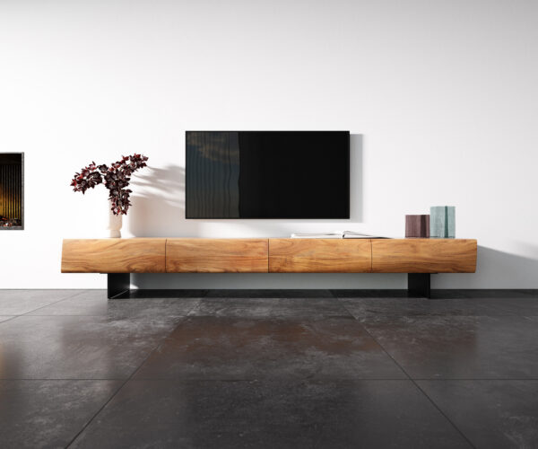 TV szekrény New Live-Edge 240 cm akác természetes 4 fiók lebegő fém láb fekete - Image 4