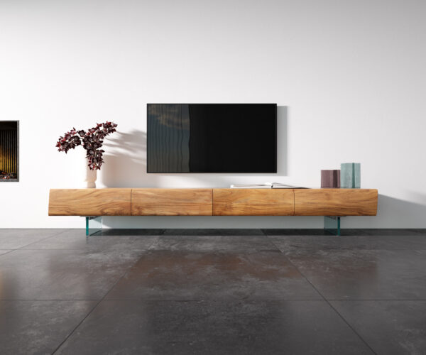TV szekrény New Live-Edge 240 cm akác természetes 4 fiókos üvegláb - Image 4