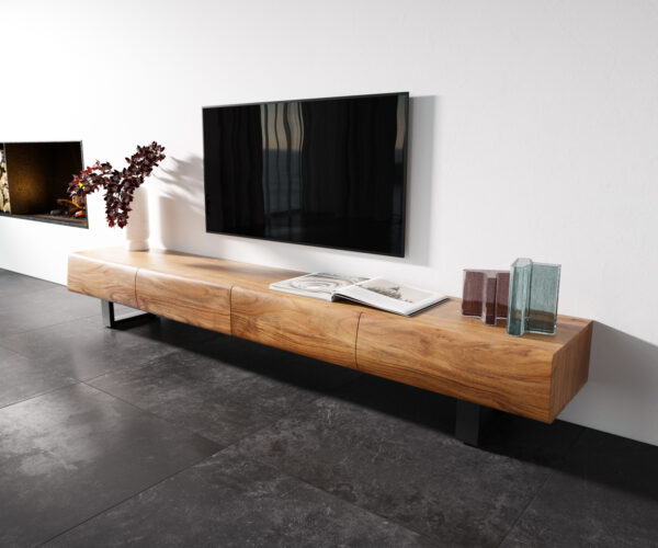 TV szekrény New Live-Edge 240 cm akác természetes 4 fiók fém vékony láb fekete