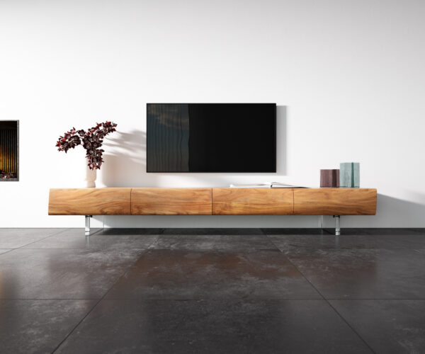 TV szekrény New Live-Edge 240 cm akác természetes 4 fiókos akril láb - Image 4
