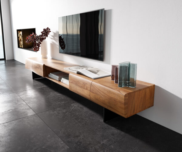 TV szekrény New Live-Edge 240 cm akác természetes 4 ajtós 1 rekeszes lebegő fém fekete láb - Image 2
