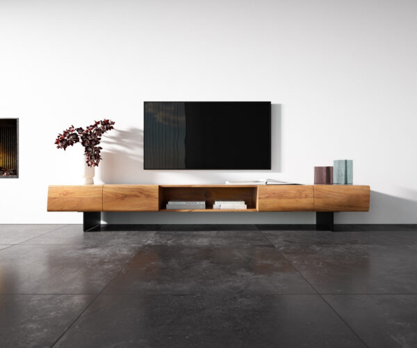 TV szekrény New Live-Edge 240 cm akác természetes 4 ajtós 1 rekeszes lebegő fém fekete láb - Image 4
