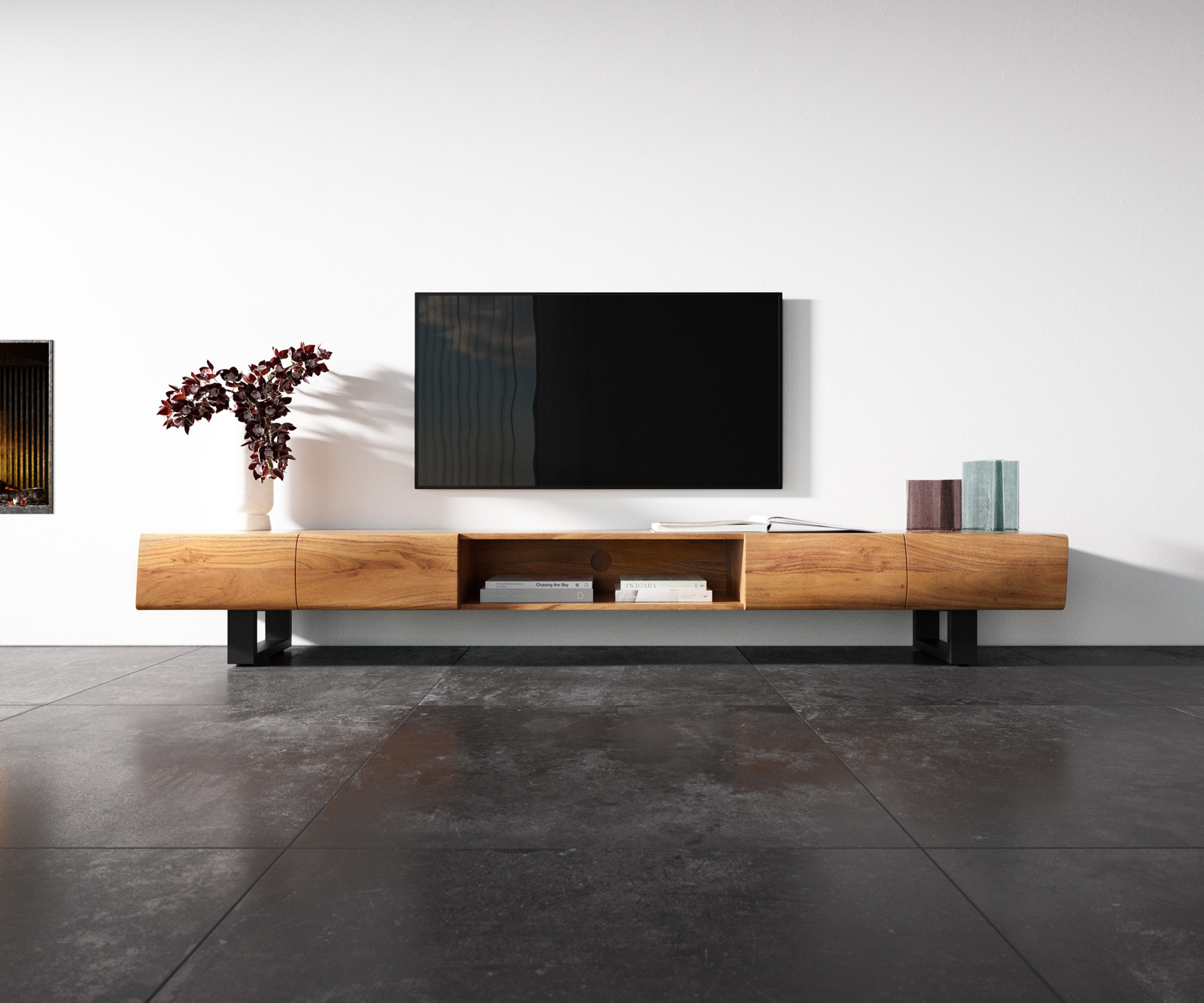 TV szekrény New Live-Edge 240 cm akác természetes 4 ajtós 1 rekeszes vékony láb fém fekete - Image 4