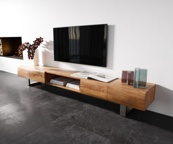 TV szekrény New Live-Edge 240 cm akác természetes 4 ajtós 1 rekeszes vékony láb rozsdamentes acél szálcsiszolt