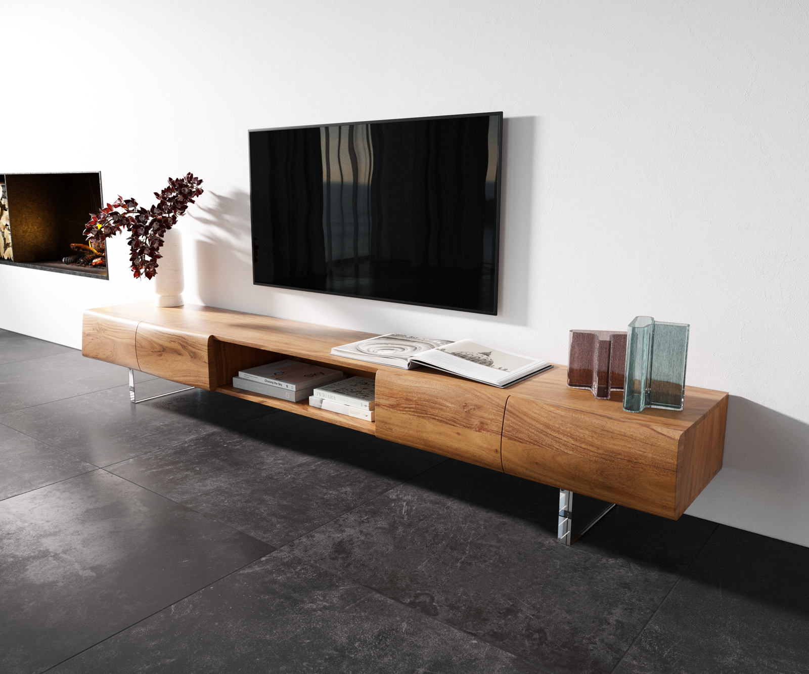 TV szekrény New Live-Edge 240 cm akác természetes 4 ajtós 1 rekeszes akril láb