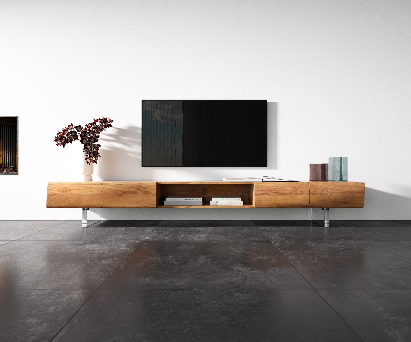 TV szekrény New Live-Edge 240 cm akác természetes 4 ajtós 1 rekeszes akril láb - Image 4