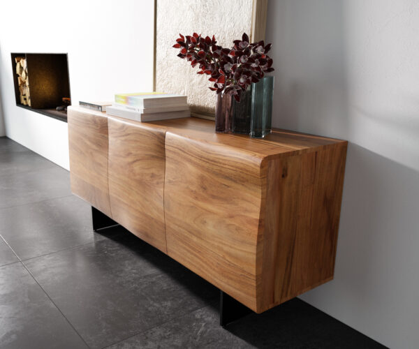 Komód New Live-Edge 145 cm akác természetes 3 ajtós lebegő fém láb fekete - Image 2
