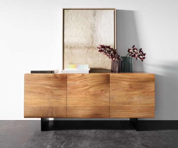 Komód New Live-Edge 145 cm akác természetes 3 ajtós lebegő fém láb fekete - Image 4