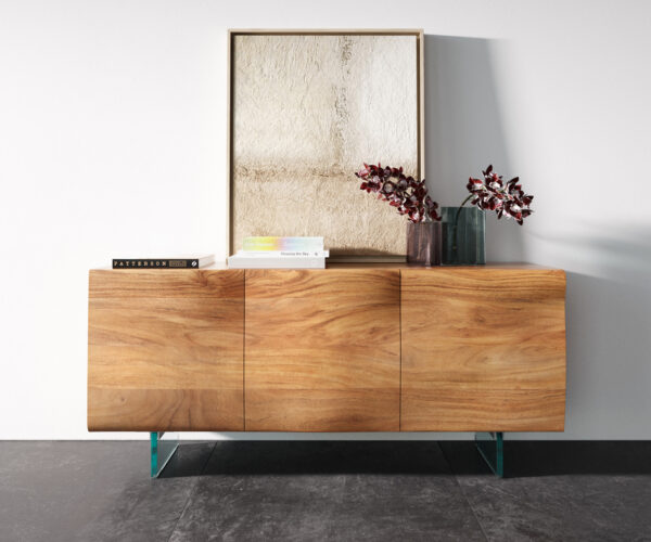 Komód New Live-Edge 145 cm akác természetes 3 ajtós üveg láb - Image 4