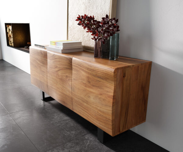 Komód New Live-Edge 145 cm akác természetes 3 ajtós fém kufe fekete - Image 2