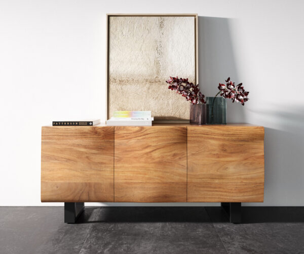 Komód New Live-Edge 145 cm akác természetes 3 ajtós fém kufe fekete - Image 4