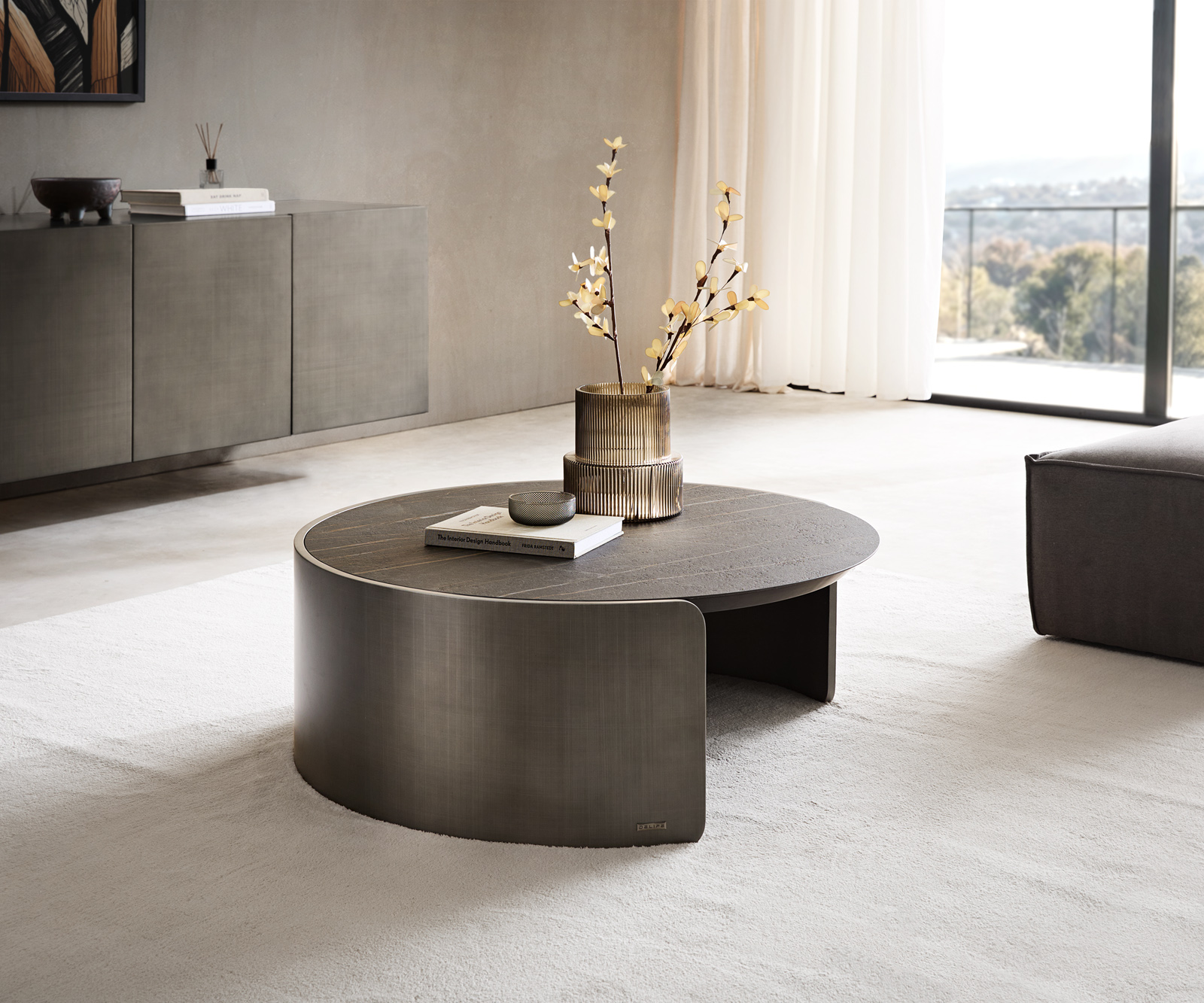 Dohányzóasztal Haru 90x35 cm Laminam® kerámia Noir Desir barna metál ezüst