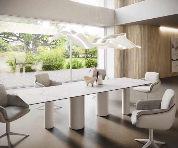 Étkezőasztal Edge 300x100 kerámia Laminam® Statuarietto fehér pilier fém fehér