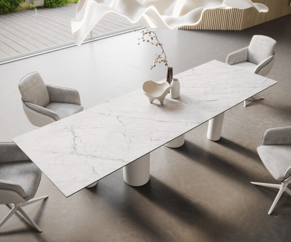 Étkezőasztal Edge 300x100 kerámia Laminam® Statuarietto fehér pilier fém fehér - Image 2