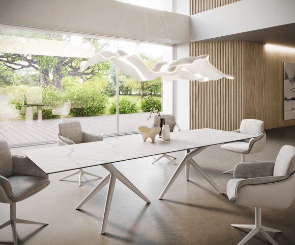 Étkezőasztal Edge 300x100 kerámia Laminam® Statuarietto fehér Estelar kerek fém fehér