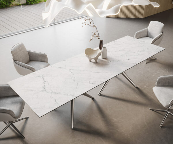 Étkezőasztal Edge 300x100 kerámia Laminam® Statuarietto fehér Estelar kerek rozsdamentes acél - Image 2