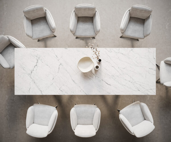 Étkezőasztal Edge 300x100 kerámia Laminam® Statuarietto fehér Estelar kerek rozsdamentes acél - Image 6