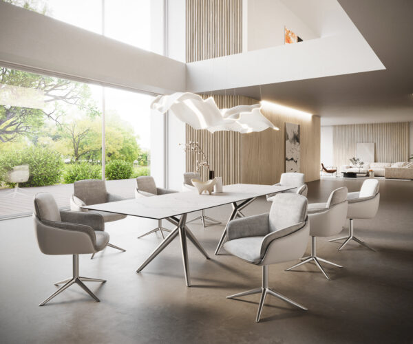 Étkezőasztal Edge 300x100 kerámia Laminam® Statuarietto fehér Estelar kerek rozsdamentes acél - Image 7
