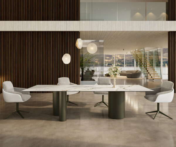 Étkezőasztal Edge 300x100 kerámia Calacatta Luxe fehér arany szürke Troa fém effekt felület titán