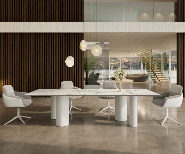 Étkezőasztal Edge 300x100 cm kerámia Calacatta Luxe fehér arany szürke pilier fém fehér