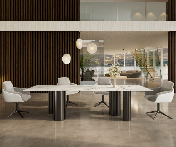 Étkezőasztal Edge 300x100 kerámia Calacatta Luxe fehér arany szürke pilier rozsdamentes acél grafit