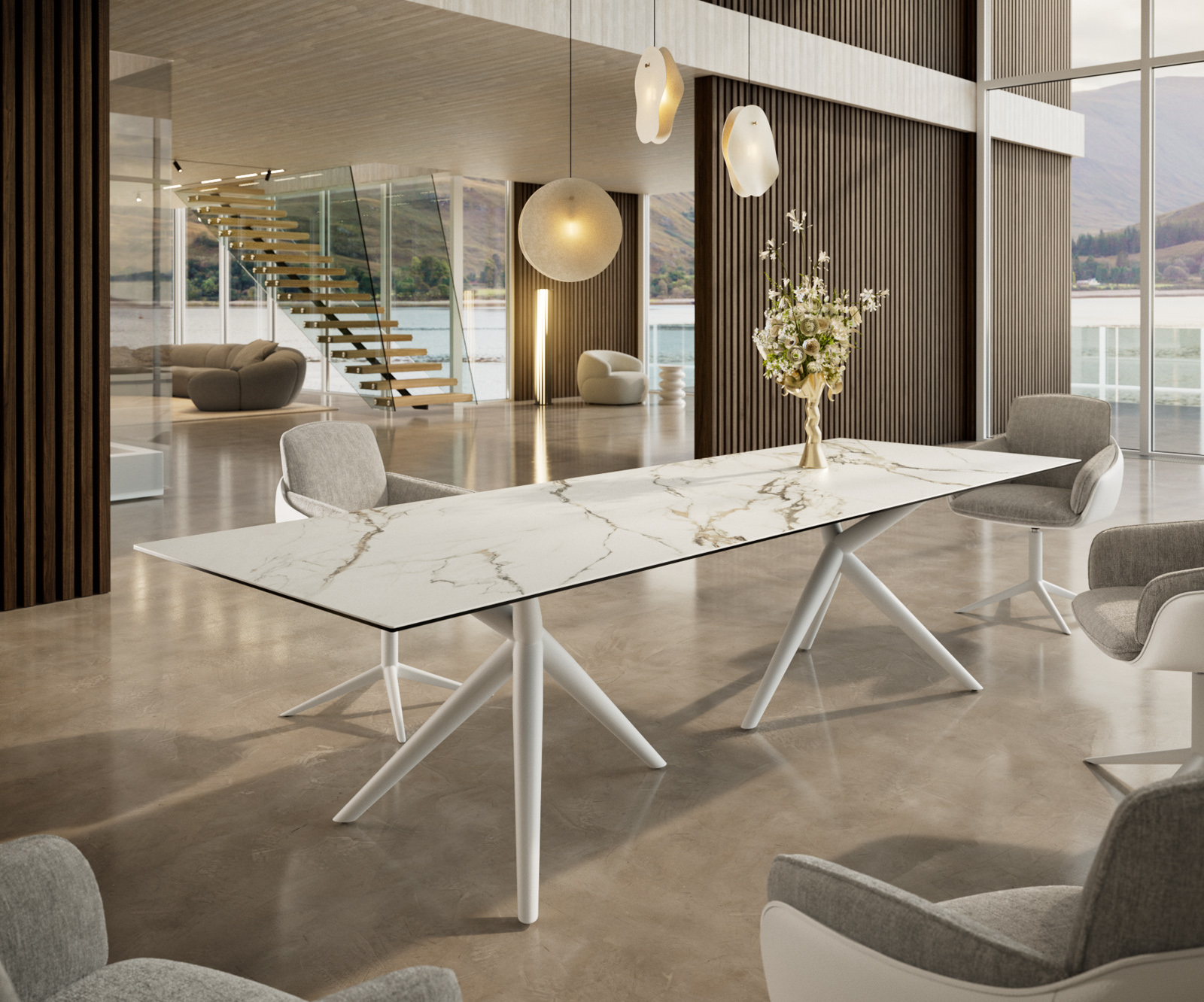 Étkezőasztal Edge 300x100 cm kerámia calacatta luxe fehér arany szürke Estelar kerek fém fehér - Image 2